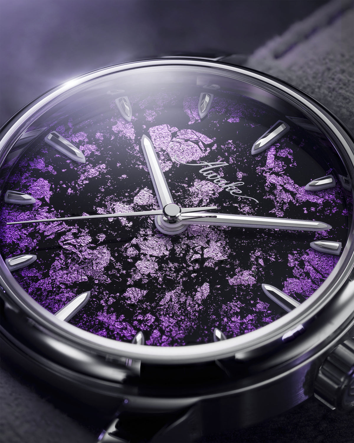 AWAKE Frosted Leaf Ultraviolet purple-black lacquer dial on the wrist