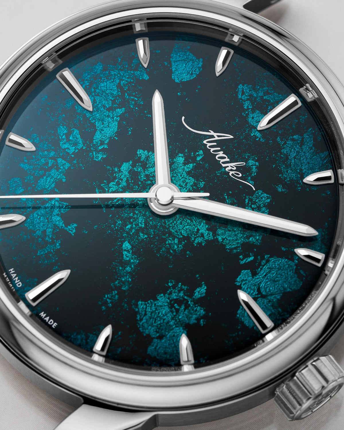 AWAKE Lagoon blue-green lacquer dial on the wrist